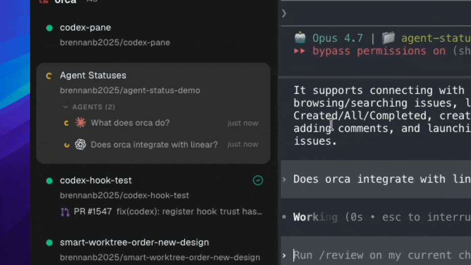Zoznam worktree s bežiacimi agentmi a ich stavmi