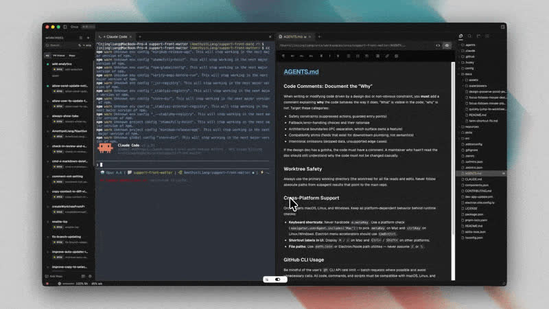 Orca s rozdelenou obrazovkou: worktree vľavo, agent v termináli, editor a náhľad súboru